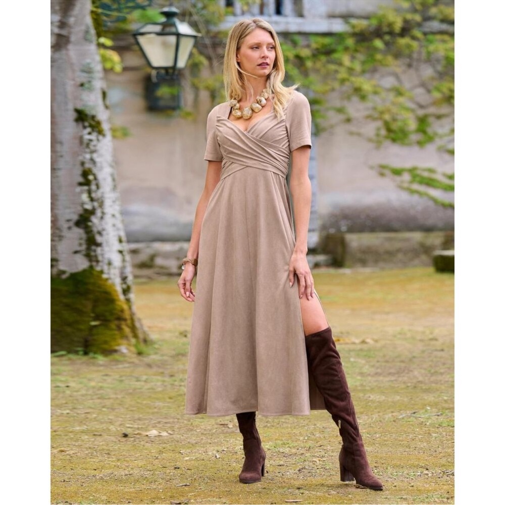 Boston Proper Maxi Long Dress Faux Suede Western Short Sleeve Tan 8